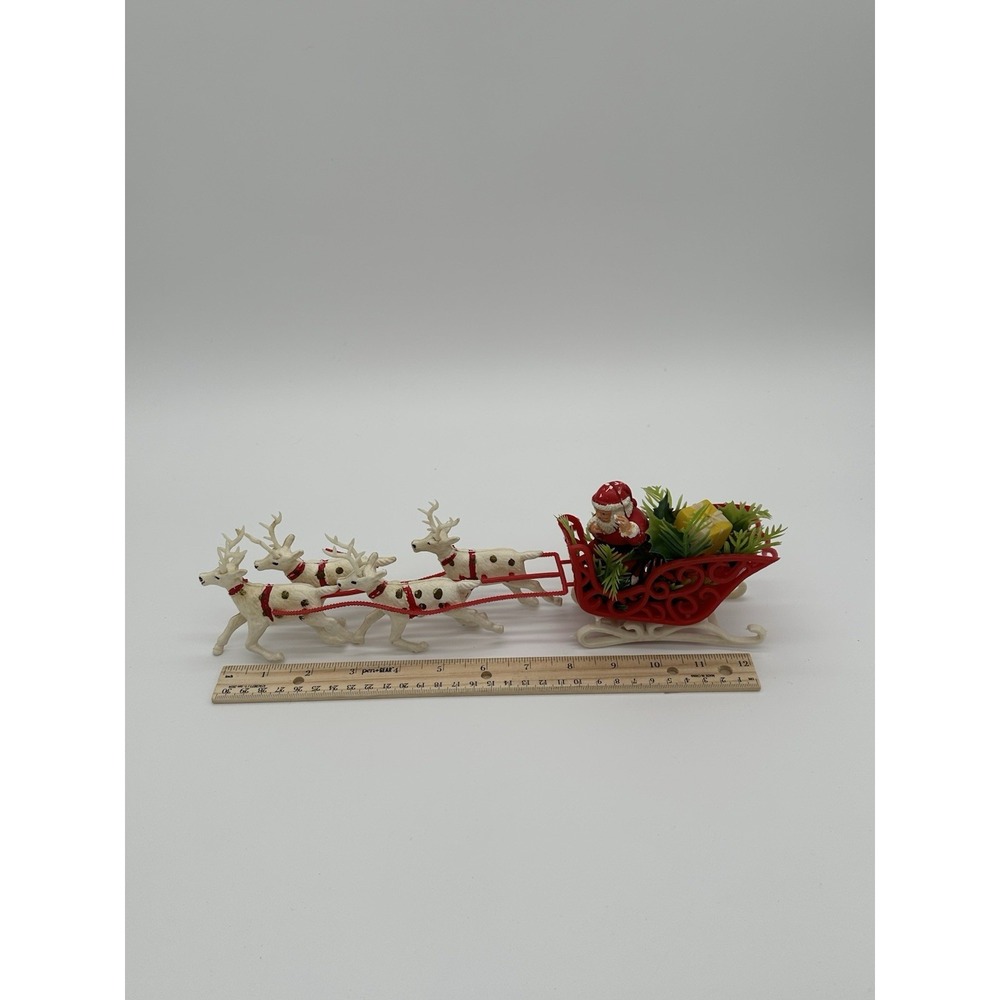 Vintage Plastic Santa Claus Red Sleigh 4 White Reindeer Christmas Tabletop Decor - Picture 9 of 10